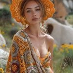 Woman in crochet outfit and hat outdoors.