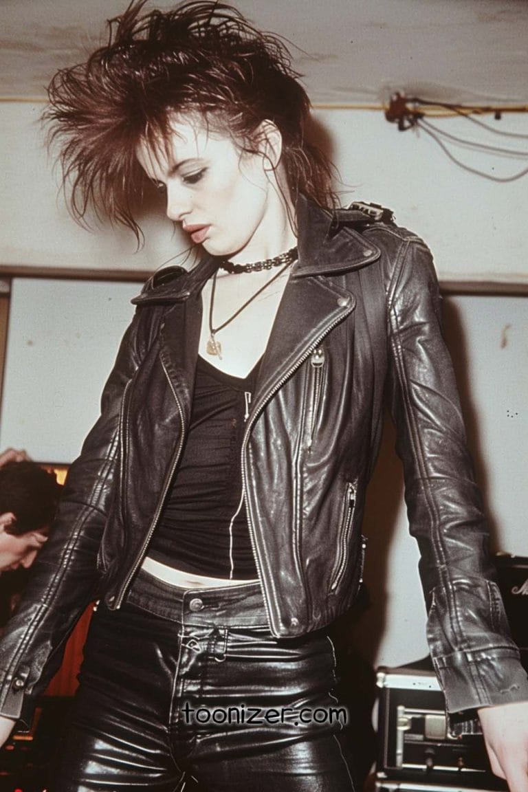 Person in leather jacket and pants, edgy hairstyle.