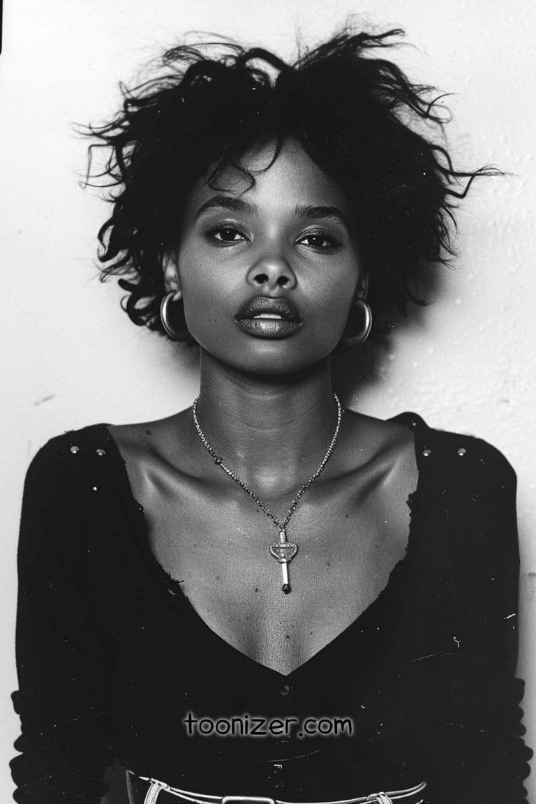 Woman with short curly hair and necklace