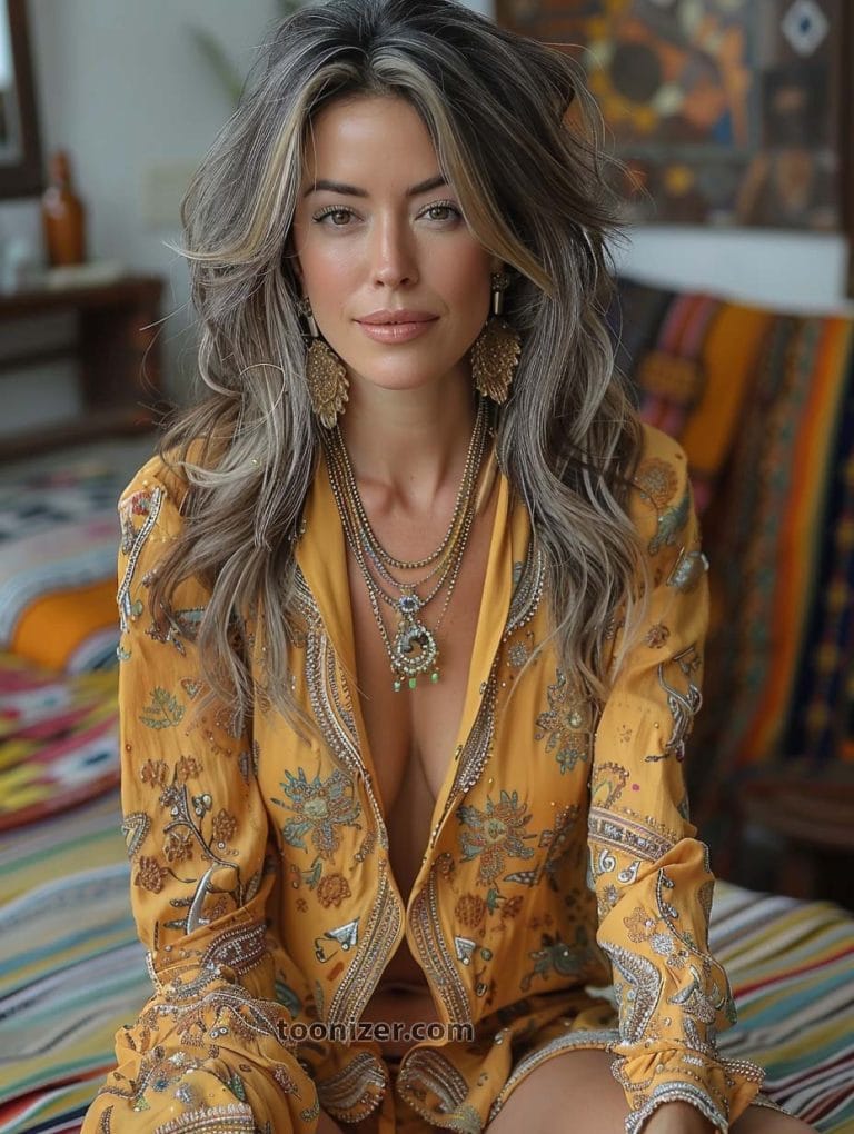 Woman in yellow patterned dress, bohemian style.