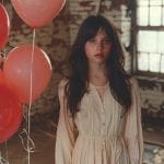 Girl with balloons in rustic room