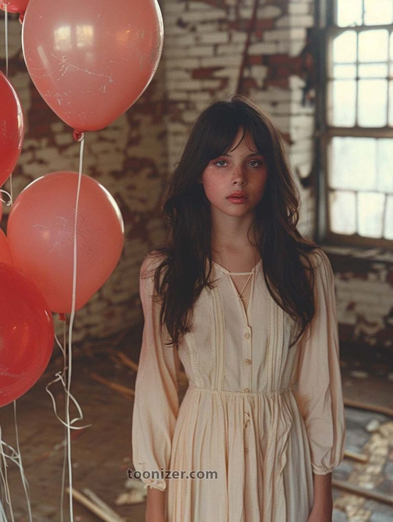 Girl with balloons in rustic room