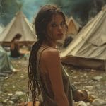 Woman standing at campsite with tents.
