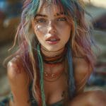 Colorful hair, freckles, bohemian style