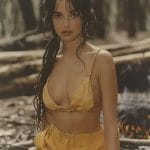 Woman in forest with fire background