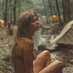 Woman sitting by creek in forest campsite