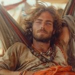 Man relaxing in hammock wearing layered necklaces.