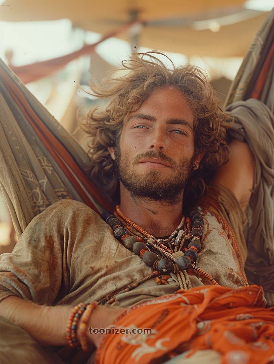 Man relaxing in hammock wearing layered necklaces.