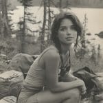 Woman resting outdoors in scenic forest setting.