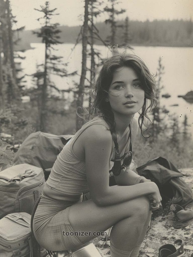 Woman resting outdoors in scenic forest setting.