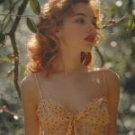 Woman in sunlight with red dress and loose curls.