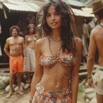 Woman in colorful bikini at tropical setting