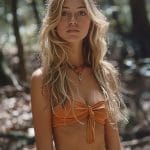 Woman in orange top standing outdoors.