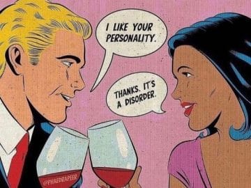 Pop art couple with humorous conversation.