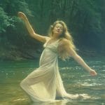 Woman in white dress kneeling in forest stream.