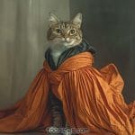 Cat wearing orange robe, regal pose.