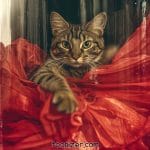 Tabby cat on red fabric, looking curious.
