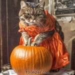 Cat in orange dress with pumpkin.