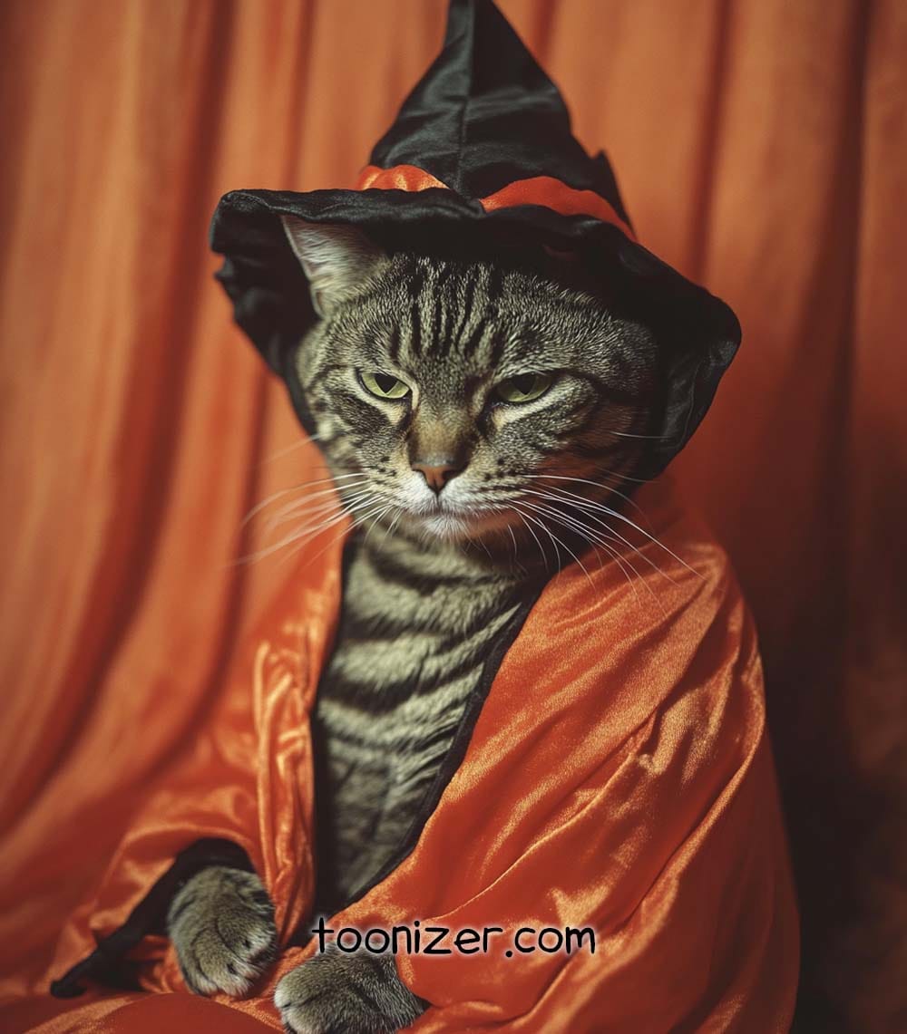 Cat dressed as witch in orange costume and hat.