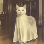 Cat dressed in ghost costume, vintage-style photo.