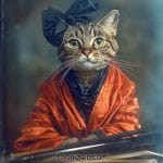 Cat dressed in vintage attire with bow and robe.