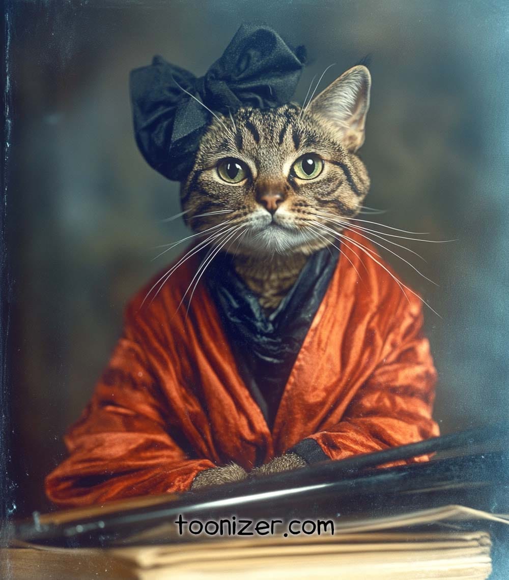 Cat dressed in vintage attire with bow and robe.