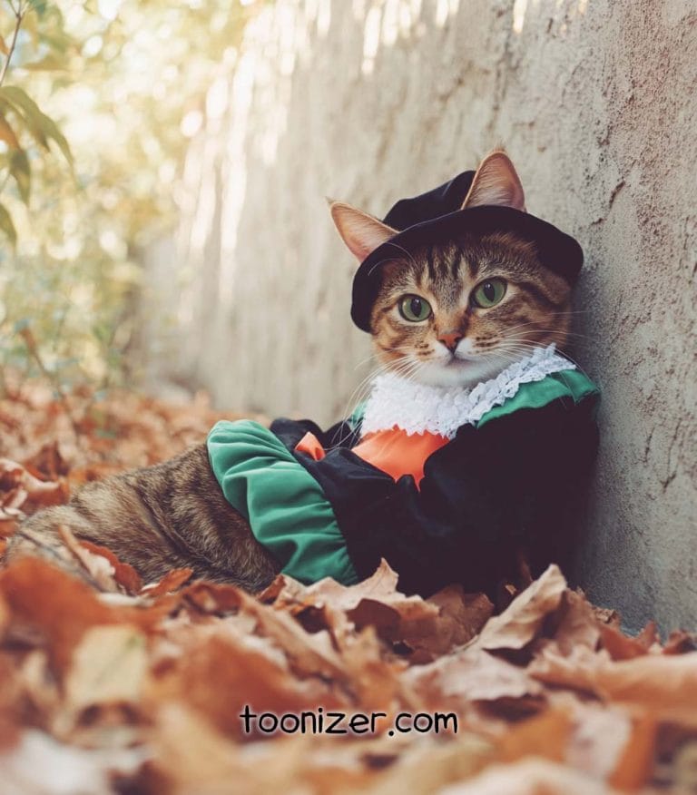Cat in costume amidst autumn leaves