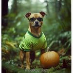 Dog in glasses with pumpkin in forest