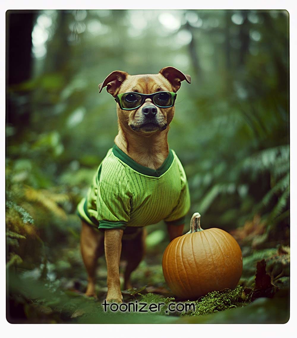 Dog in glasses with pumpkin in forest