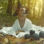 Dog wearing wizard hat in forest.