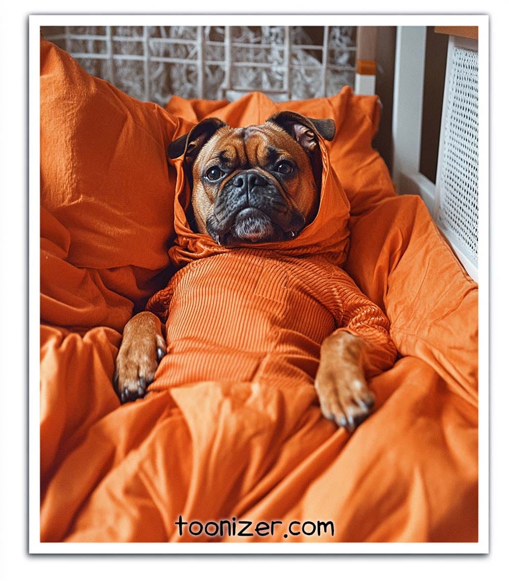 Dog in orange hoodie on bed.