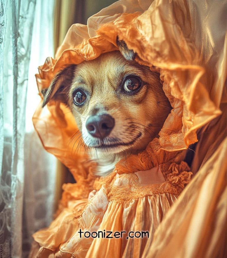 Dog in orange bonnet by window