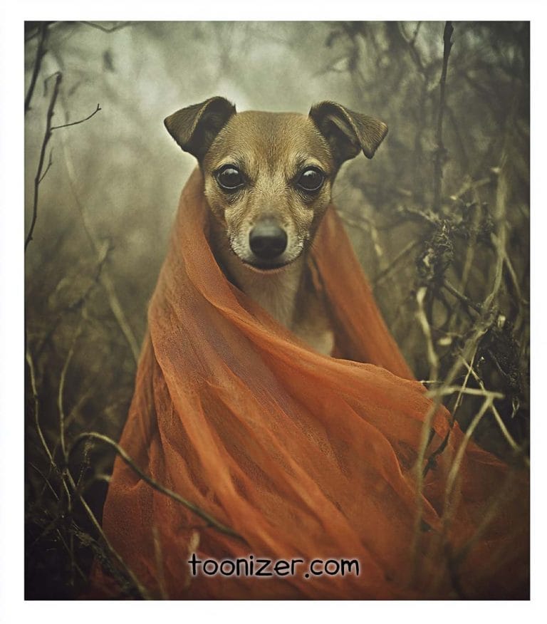 Small dog wrapped in orange fabric outdoors