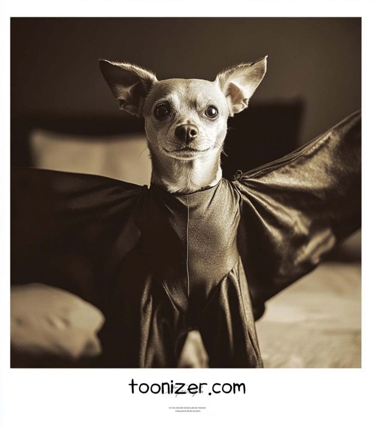 Small dog wearing a bat costume