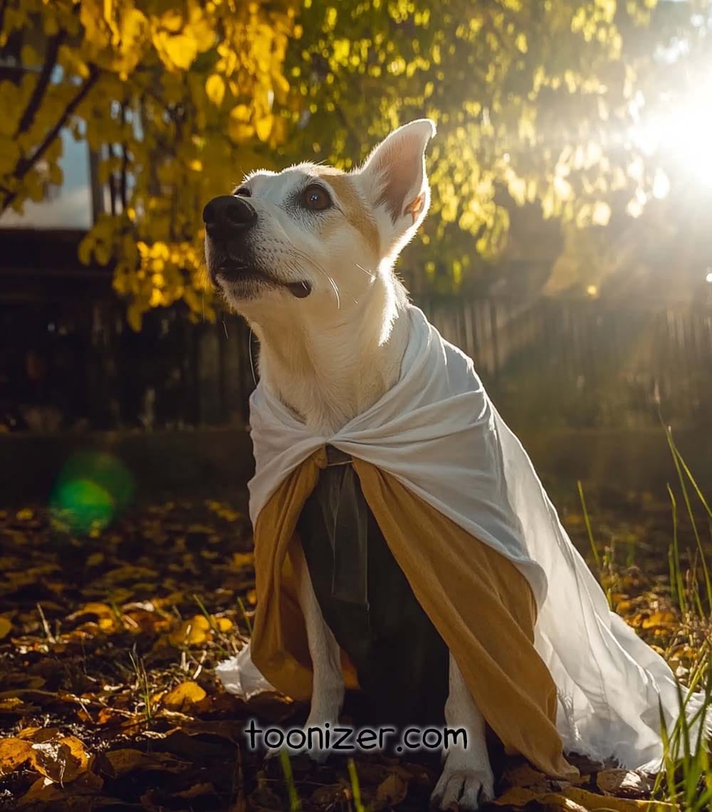 Dog wearing a cape in sunny autumn park.