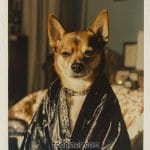 Chihuahua wearing robe, posing confidently indoors.