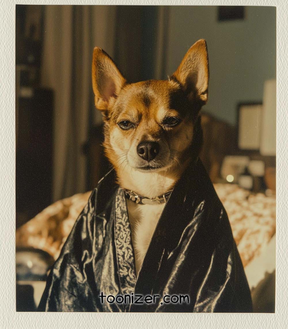 Chihuahua wearing robe, posing confidently indoors.