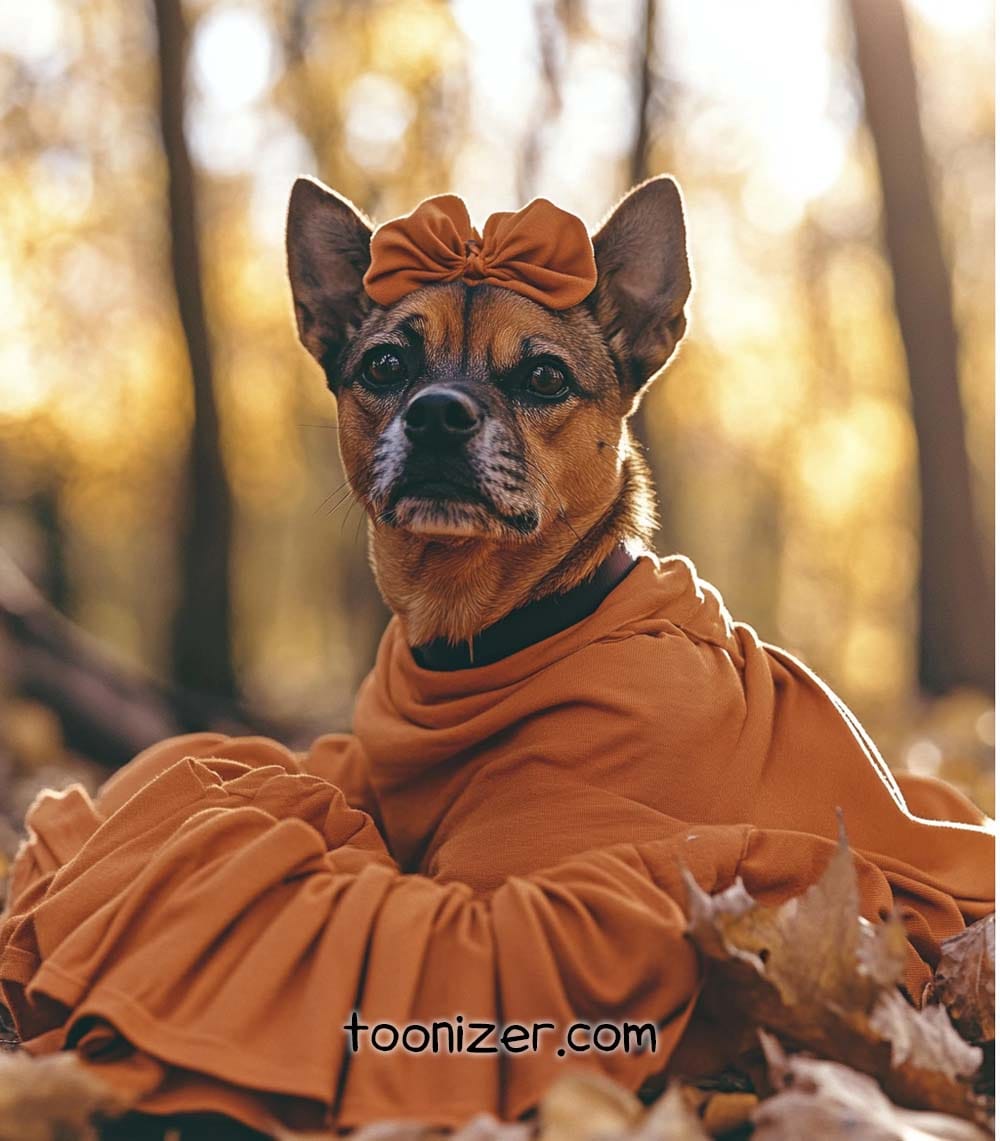 Dog wearing orange sweater and bow in forest