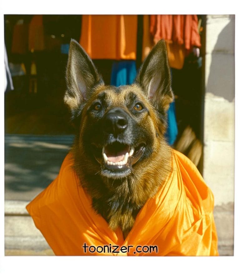 German Shepherd wearing bright orange garment