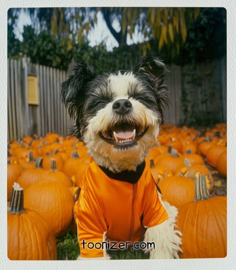 Dog wearing orange in pumpkin patch, smiling.