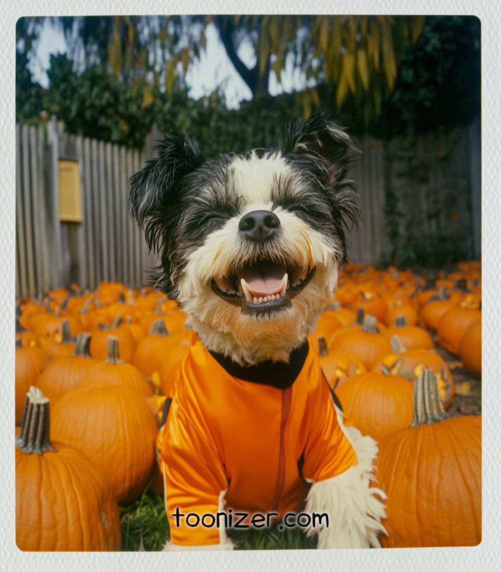 Dog wearing orange in pumpkin patch, smiling.