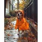 Dog in orange raincoat on autumn path