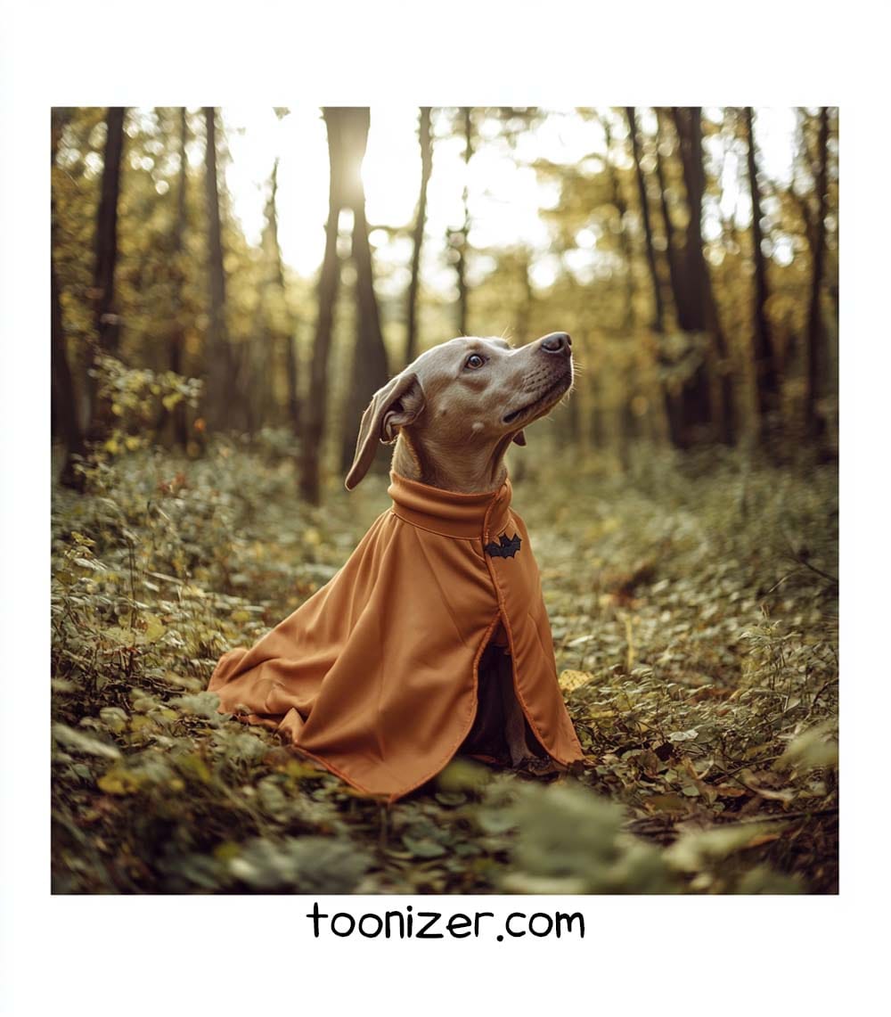 Dog in orange costume in forest