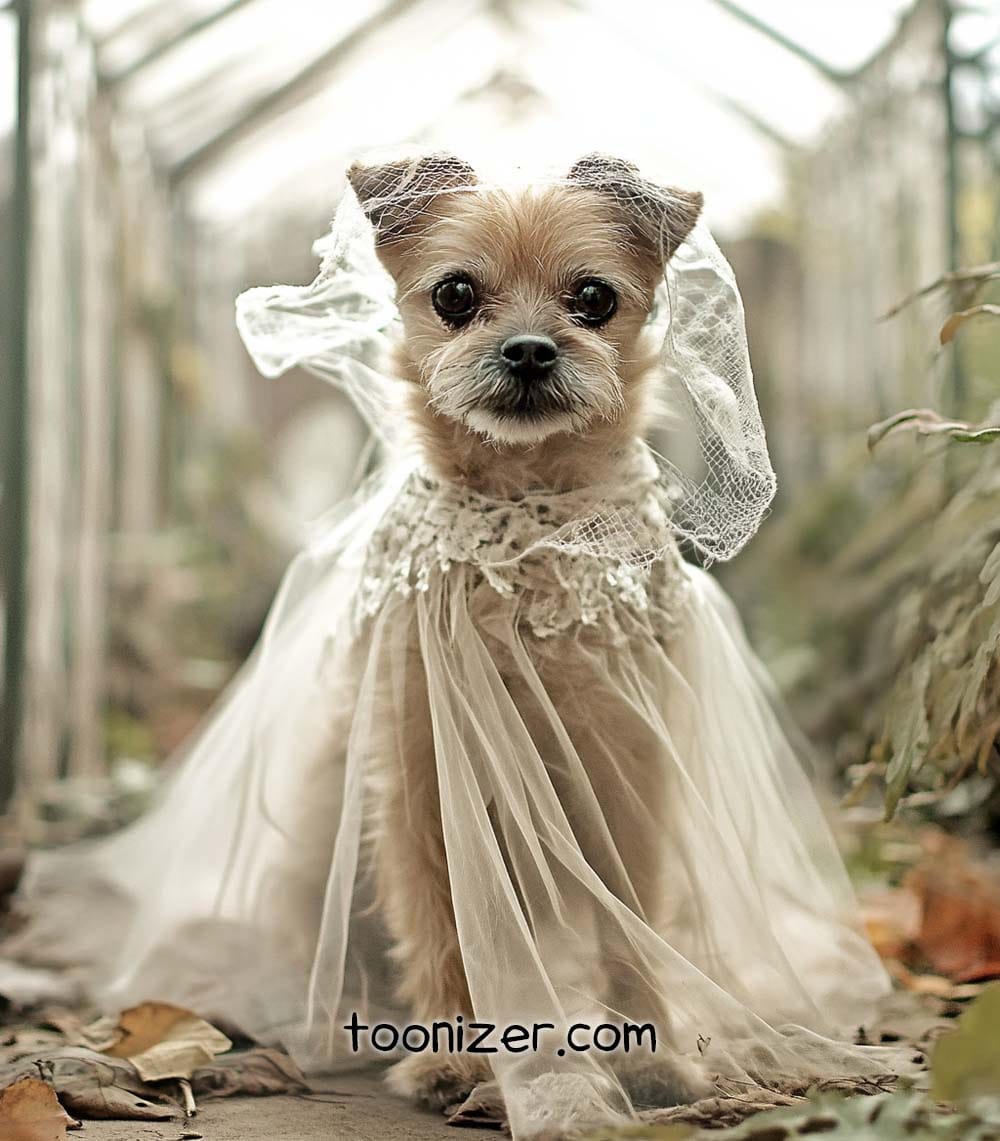 Adorable dog in a lace wedding dress