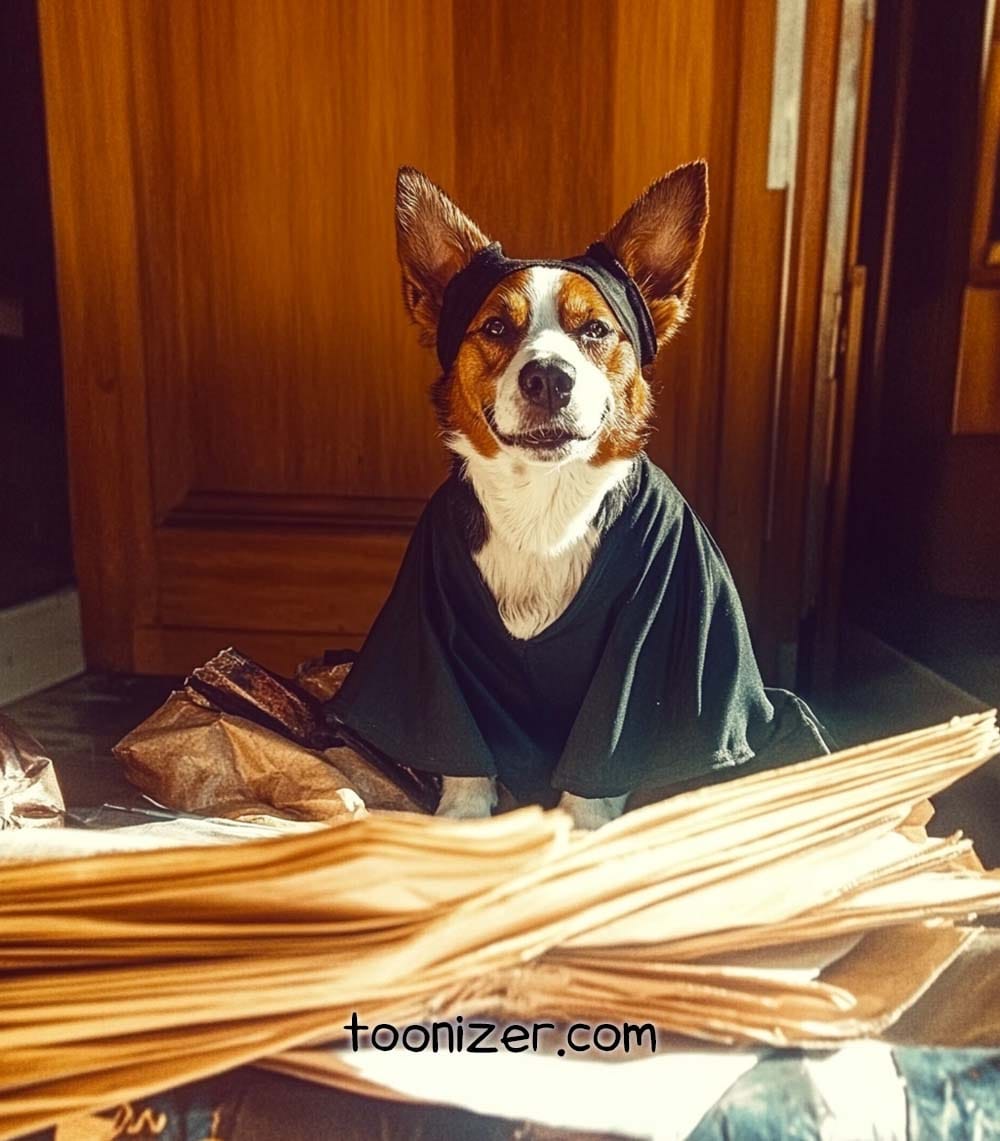 Dog in costume surrounded by paper packages