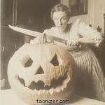 Woman carving Halloween pumpkin with knife