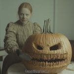 Woman carving scary pumpkin face with knife.