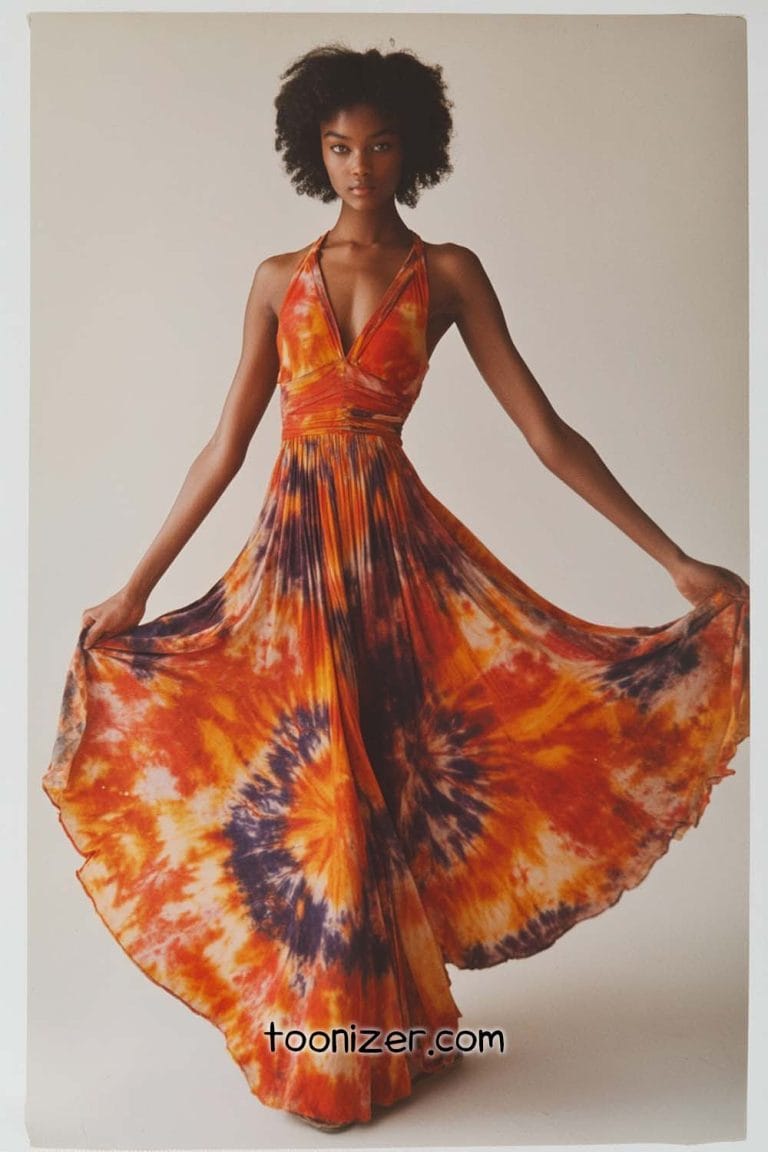 Model wearing vibrant tie-dye halter dress.