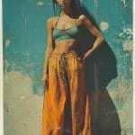 Woman in colorful outfit against a blue wall.