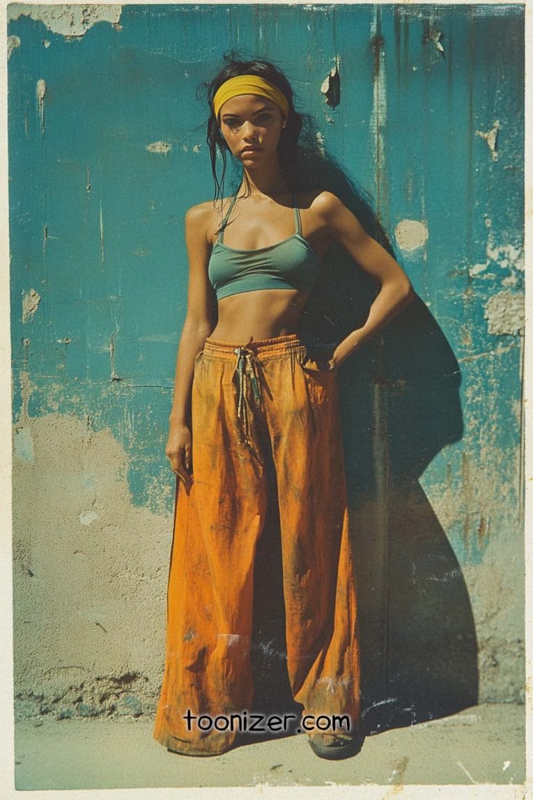 Woman in colorful outfit against a blue wall.